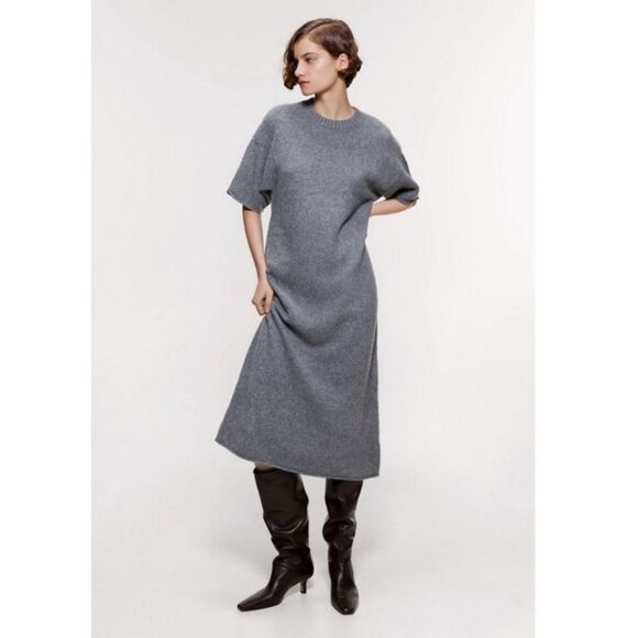 Zara Gray Wool Blend‎ Knit V Neck Dress L Nwt - Picture 1 of 8